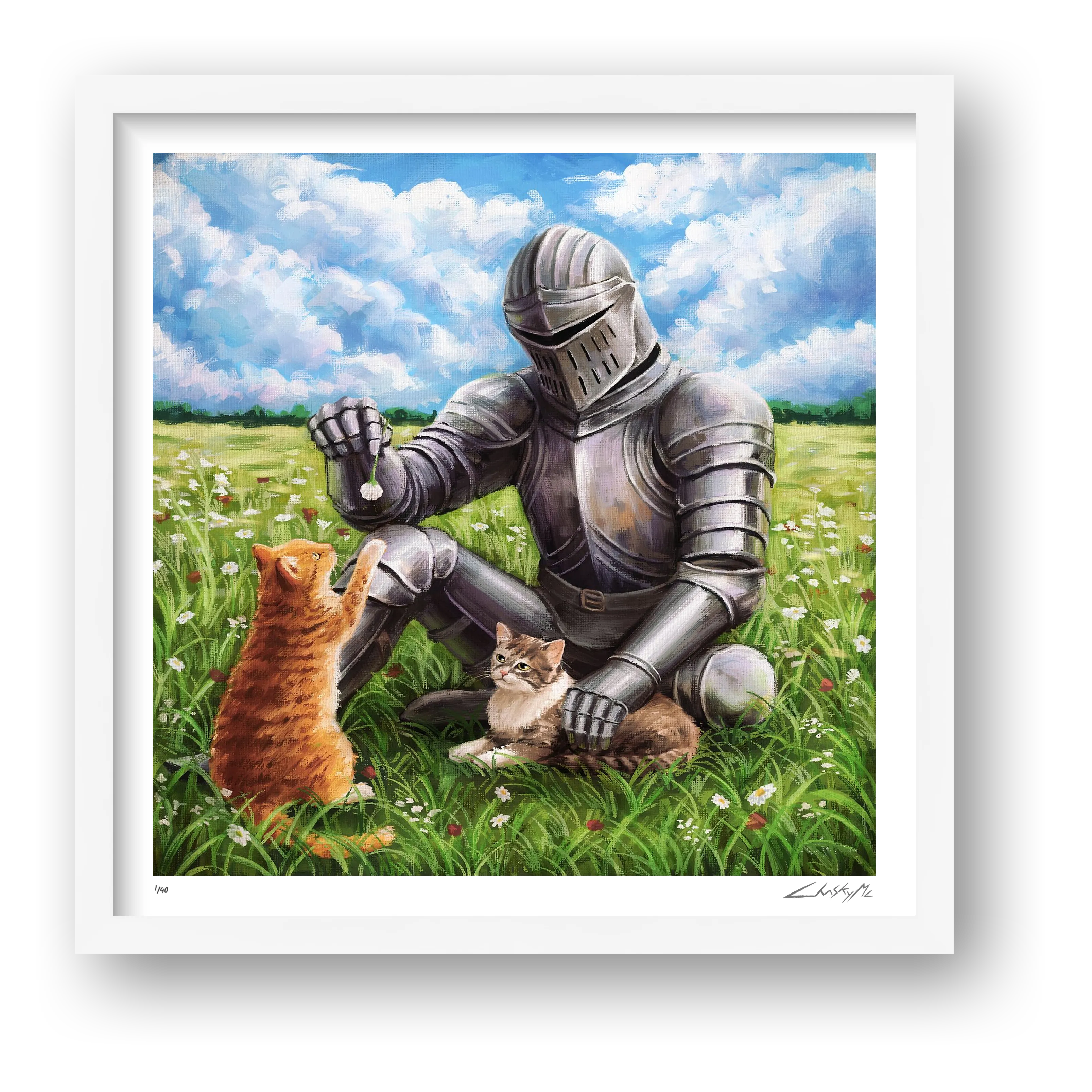 The Knight and the Two Cats — framed