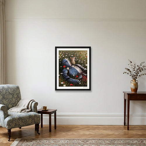 The Knight and the Cat Resting in the Fields — 40×50cm Black Frame
