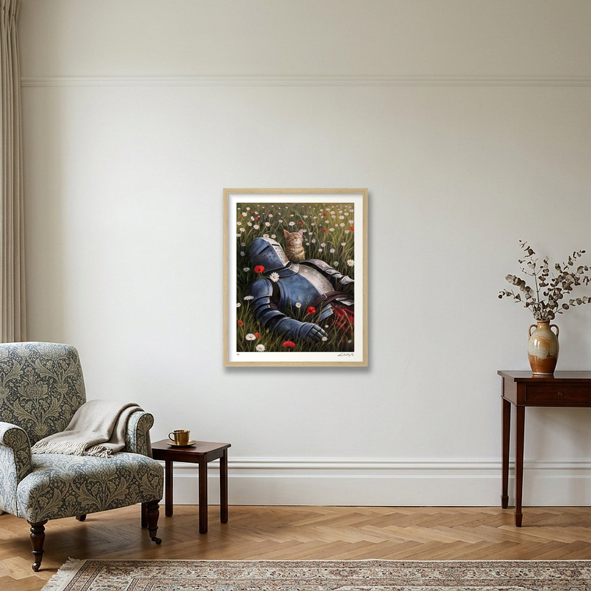 The Knight and the Cat Resting in the Fields — 40×50cm Oak Frame