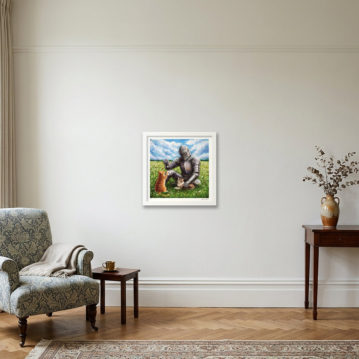 The Knight and the Two Cats — 30×30cm White Frame