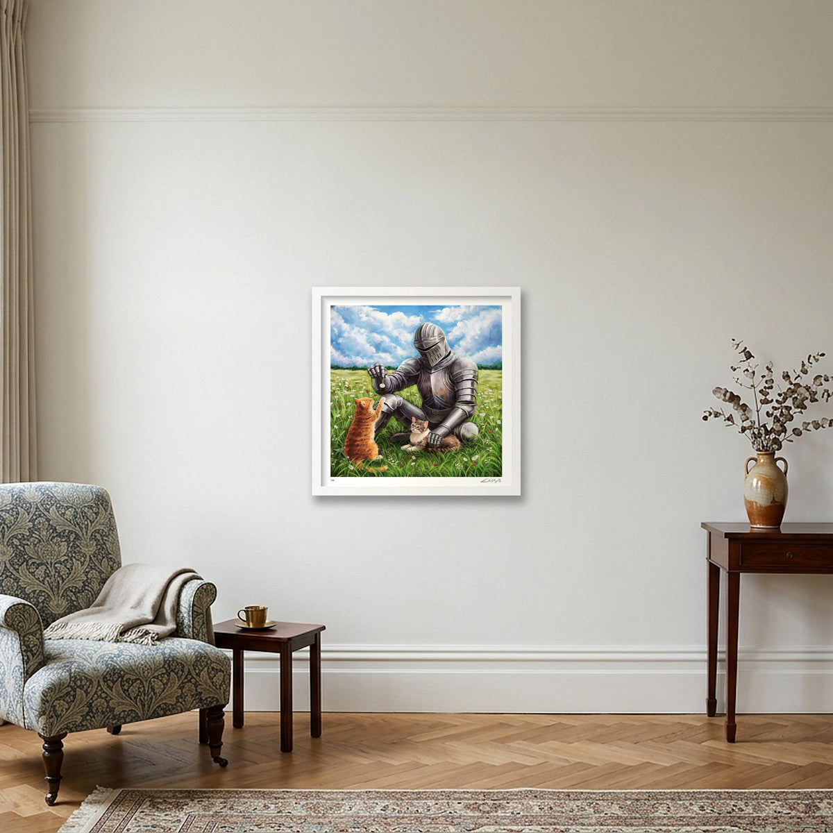 The Knight and the Two Cats — 40×40cm White Frame