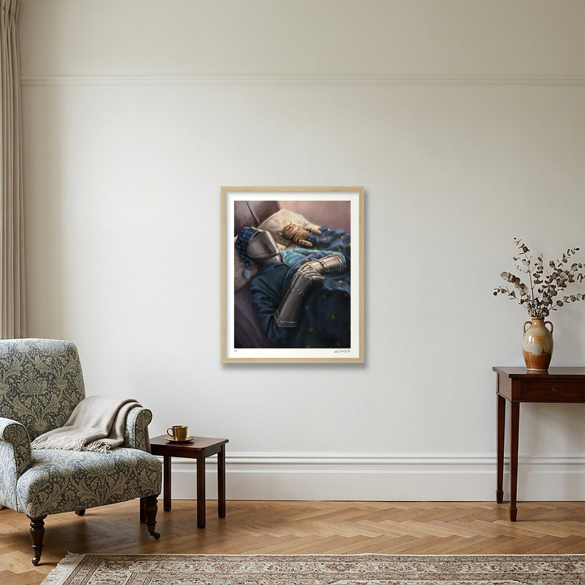 The Knight and the Cat Asleep — 40×50cm Oak Frame