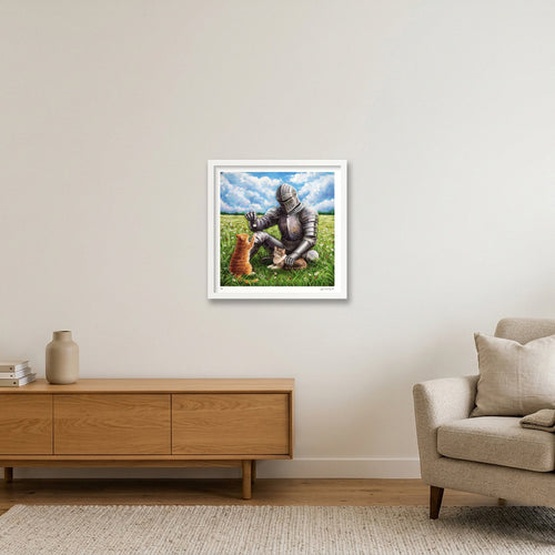 The Knight and the Two Cats — 40×40cm White Frame