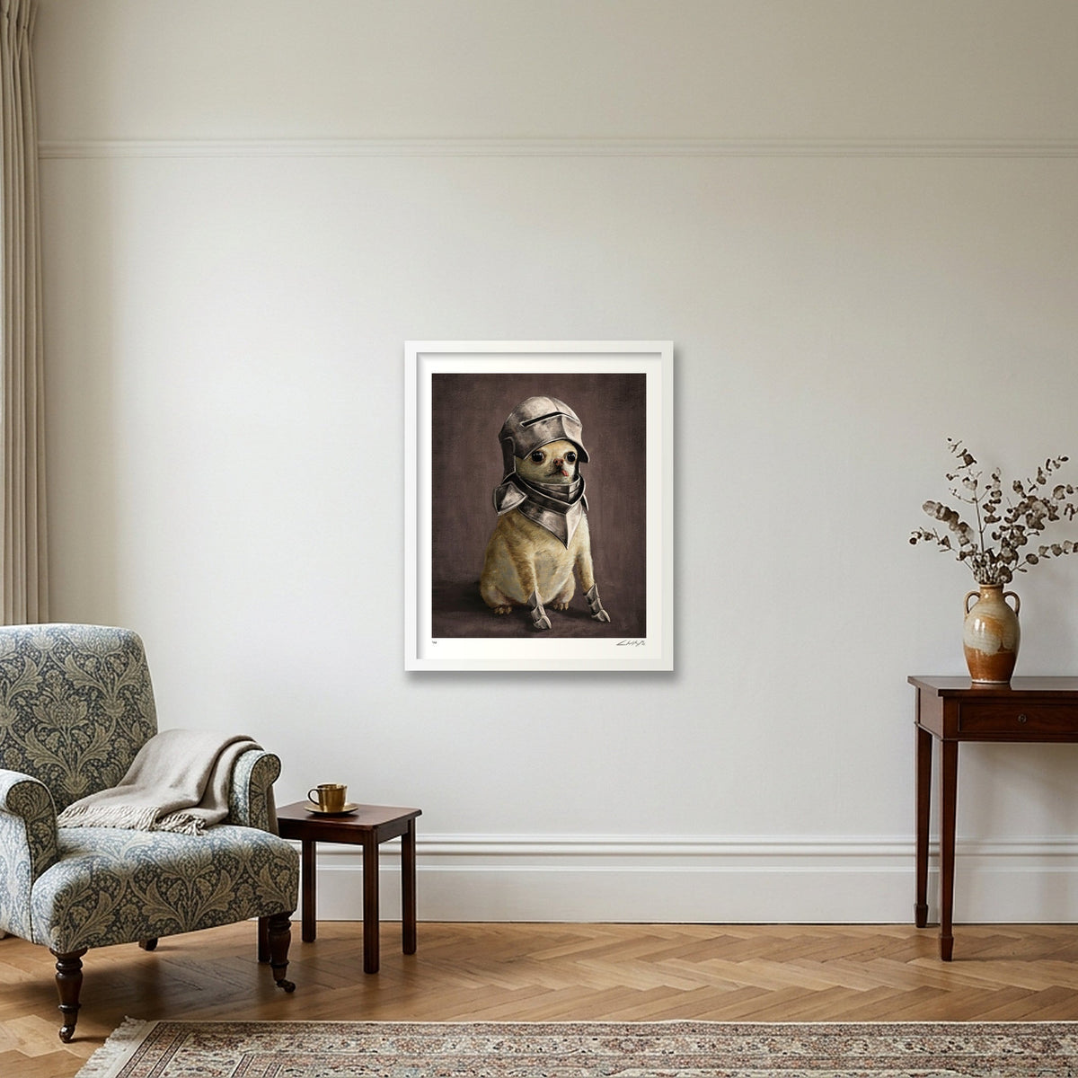 The Armored Chihuahua — 40×50cm White Frame
