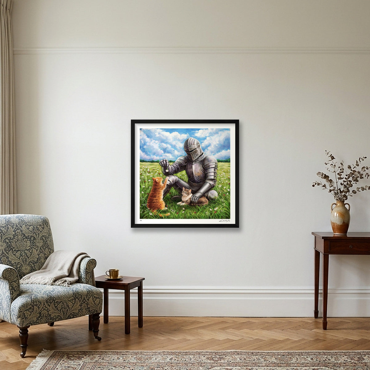 The Knight and the Two Cats — 50×50cm Black Frame