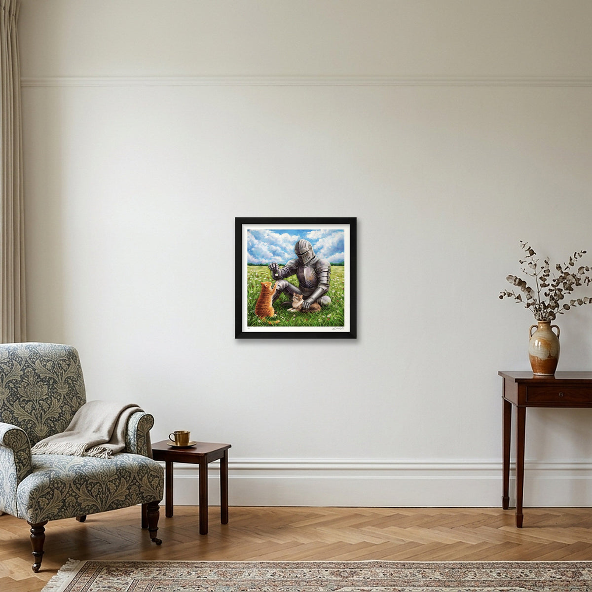 The Knight and the Two Cats — 30×30cm Black Frame