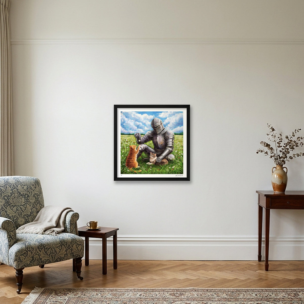 The Knight and the Two Cats — 40×40cm Black Frame