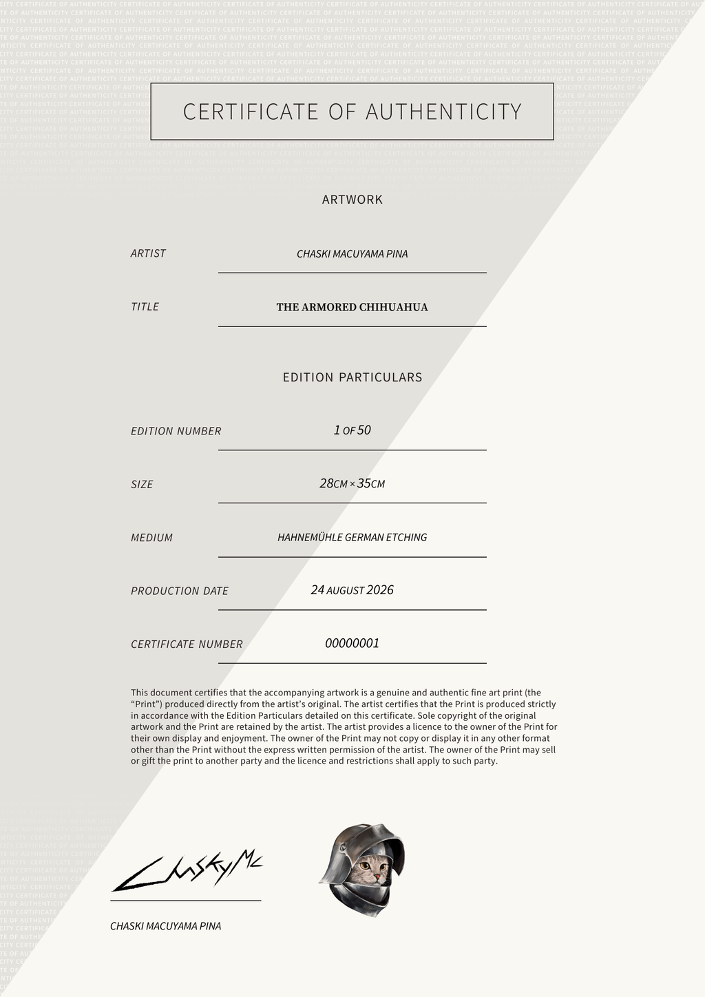 The Armored Chihuahua — Certificate of Authenticity