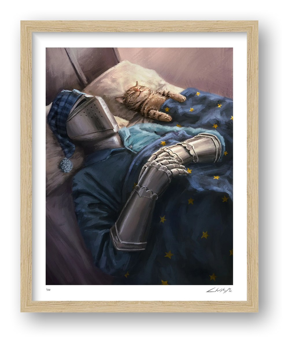 The Knight and the Cat Asleep — framed
