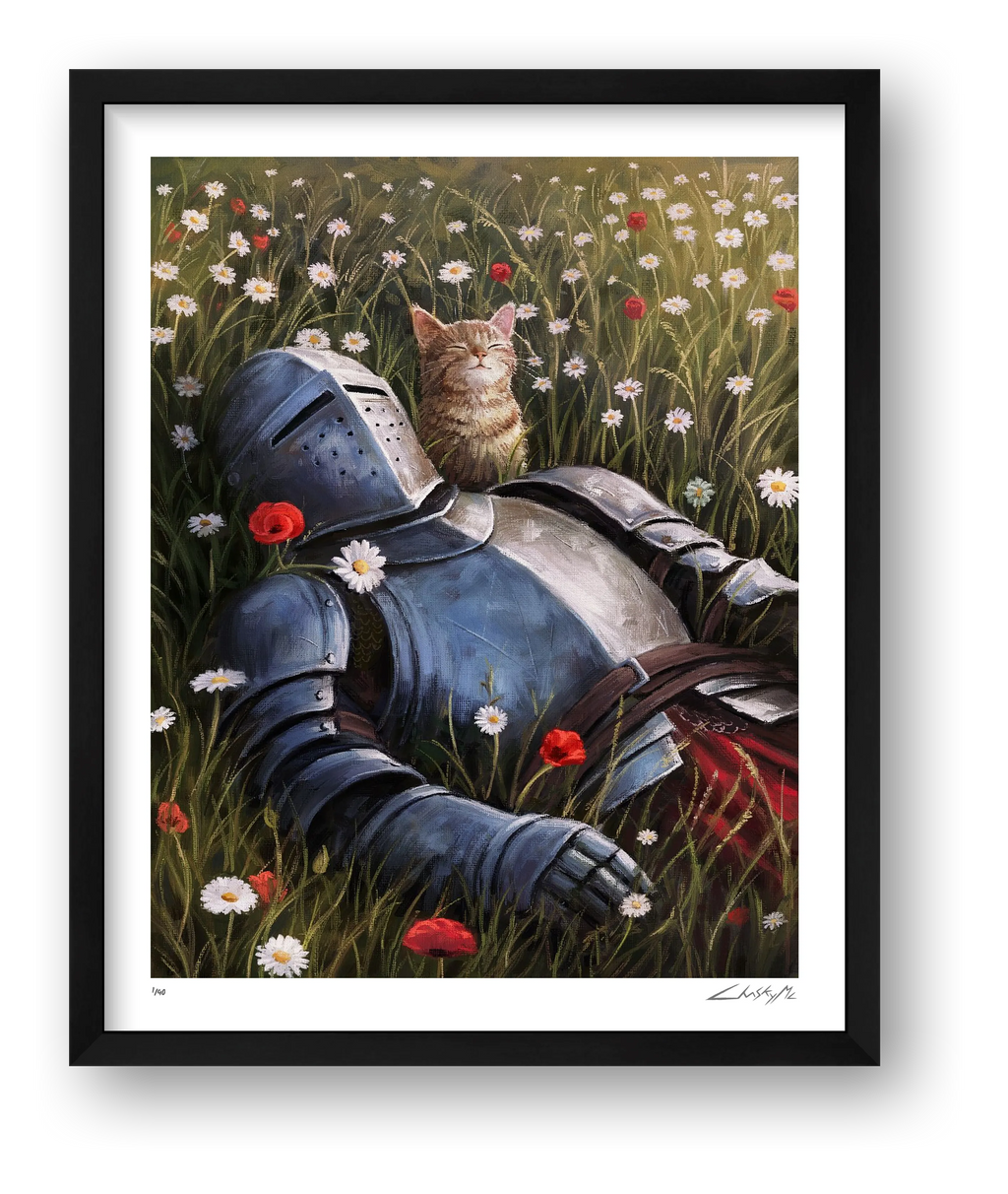 The Knight and the Cat Resting in the Fields — framed